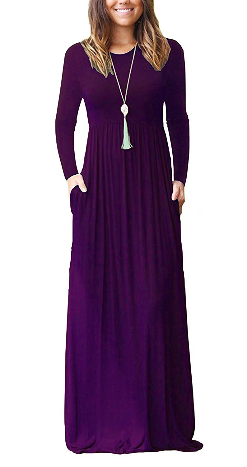 LONGYUAN Women Long Sleeve Loose Plain Maxi Dresses Casual Long Dresses With Pockets, Deep Purple Long Sleeve, X-Large