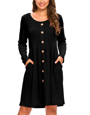 LONGYUAN Women's Long Sleeve Casual Button Down Dress L, Black 