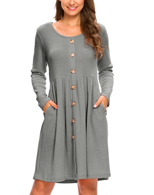 LONGYUAN Women's Long Sleeve Casual Button Down Dress S, Dark Gray 