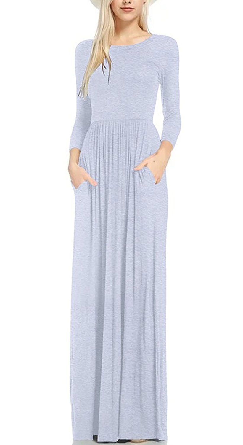 LONGYUAN Women Long Sleeve Loose Plain Maxi Dresses Casual Long Dresses With Pockets, Light Gray Long Sleeve, Small
