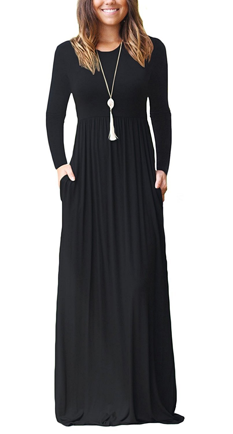 LONGYUAN Women Long Sleeve Loose Plain Maxi Dresses Casual Long Dresses With Pockets, Black Long Sleeve, X-Large